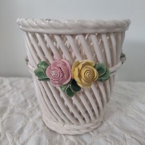 Woven Ceramic Vase with Floral Accents